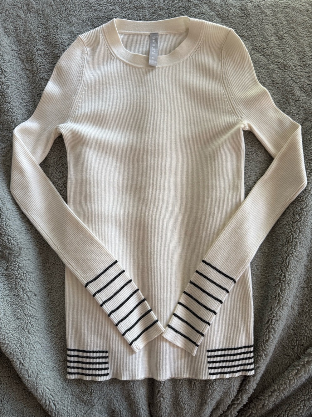 Athleta Cream Ribbed Crewneck Sweater with Navy Stripe Accents